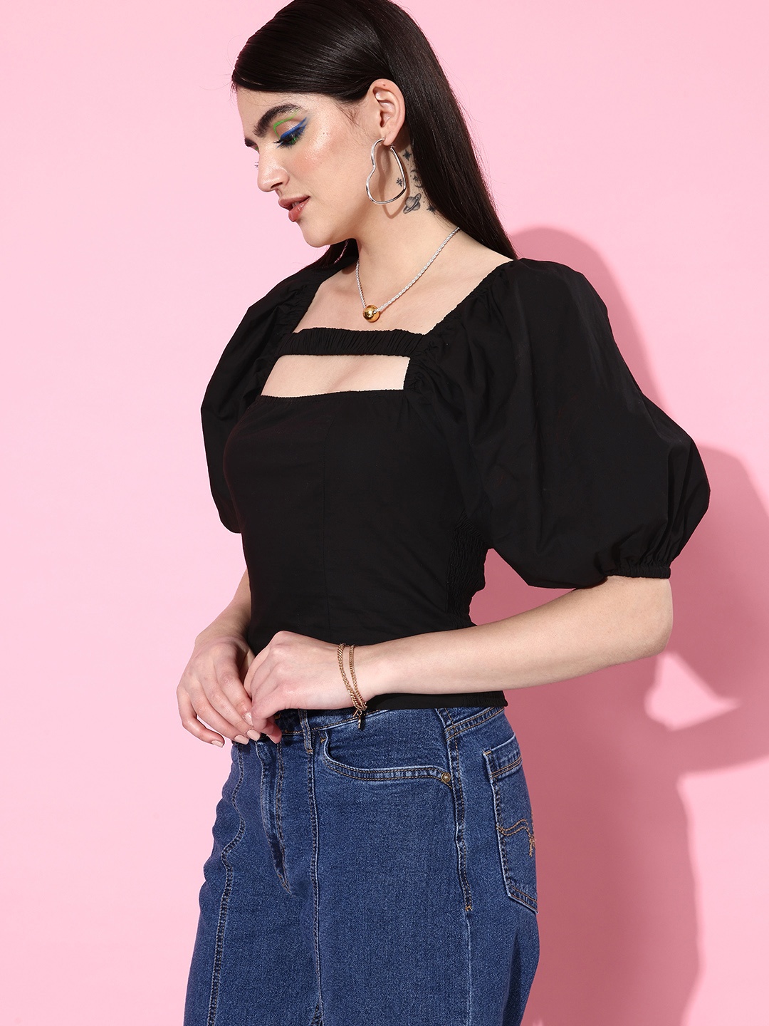 

The Roadster Lifestyle Co. Pure Cotton Jet Black Emo 2.0 Once Upon A Sleeve Smocked Top