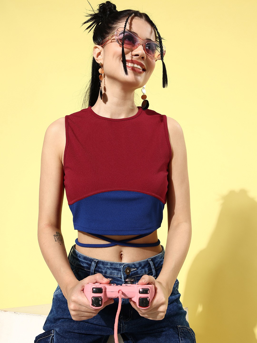 

The Roadster Lifestyle Co. Royal Maroon & Royal Blue Retro Optimism Bustier Crop Top
