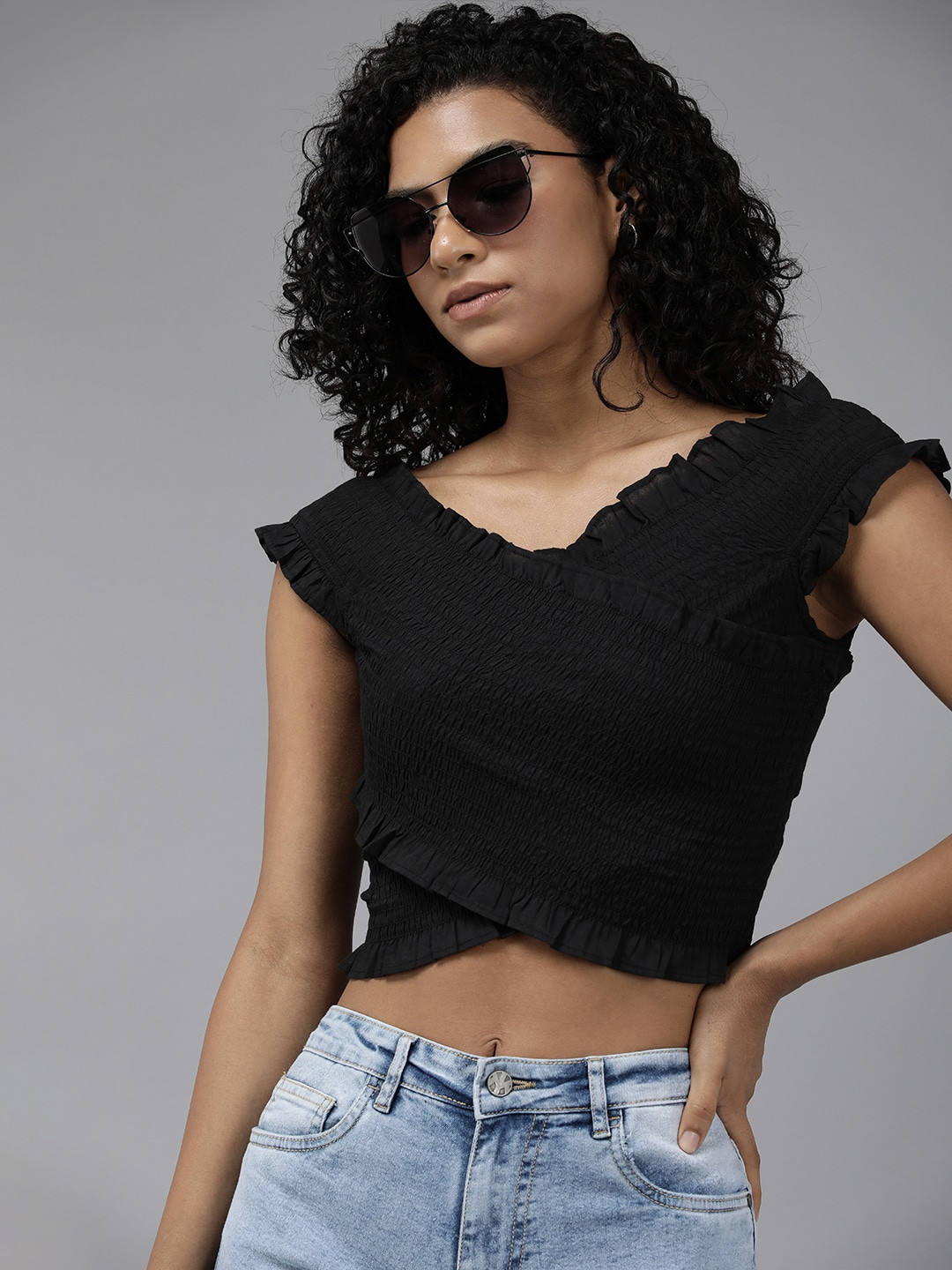 

The Roadster Lifestyle Co. Ruffles Smocked Pure Cotton Crop Top, Black