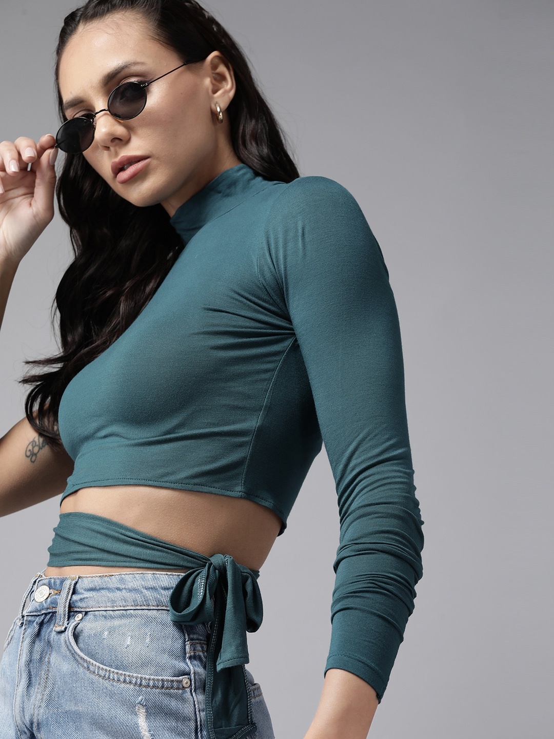 

The Roadster Lifestyle Co. Pure Cotton One Shoulder Fitted Crop Top, Teal