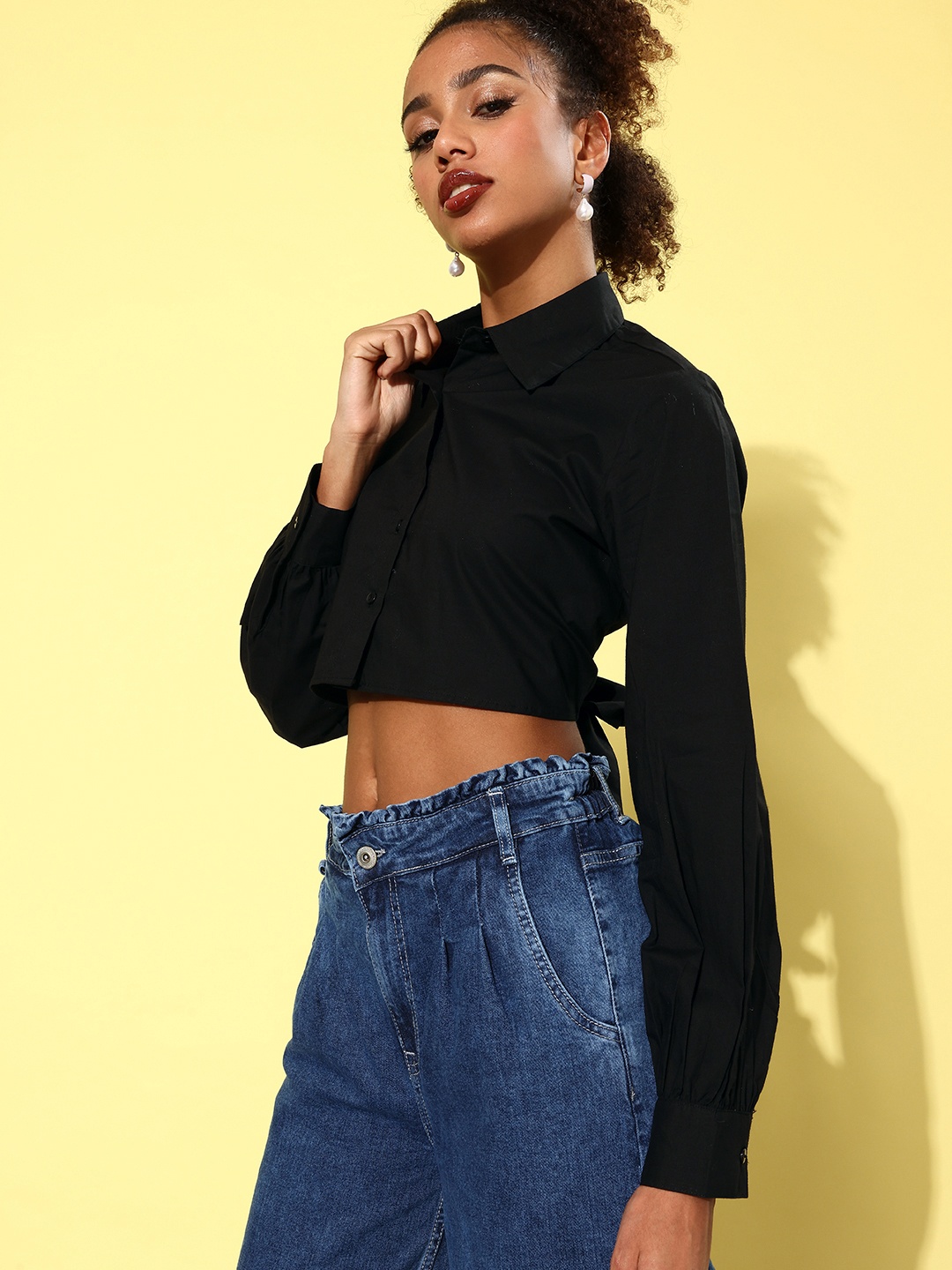 

The Roadster Lifestyle Co. Pure Cotton Styled Back Crop Top With Back Tie Up Detail, Black
