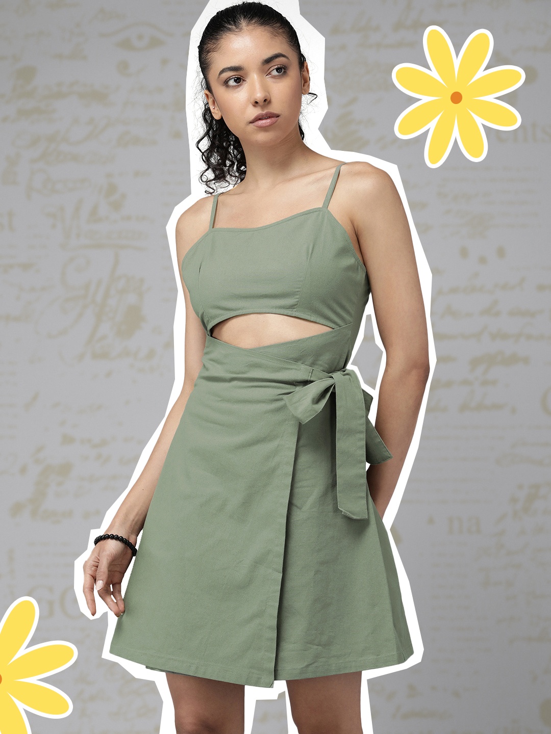 

The Roadster Lifestyle Co. Pure Cotton Wrap Cut-Out Dress, Olive