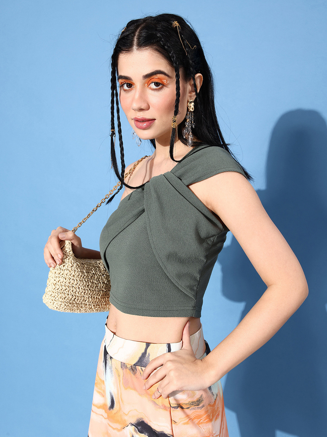 

The Roadster Lifestyle Co. Stale Green Retro Optimism Twists & Knots One Shoulder Crop Top