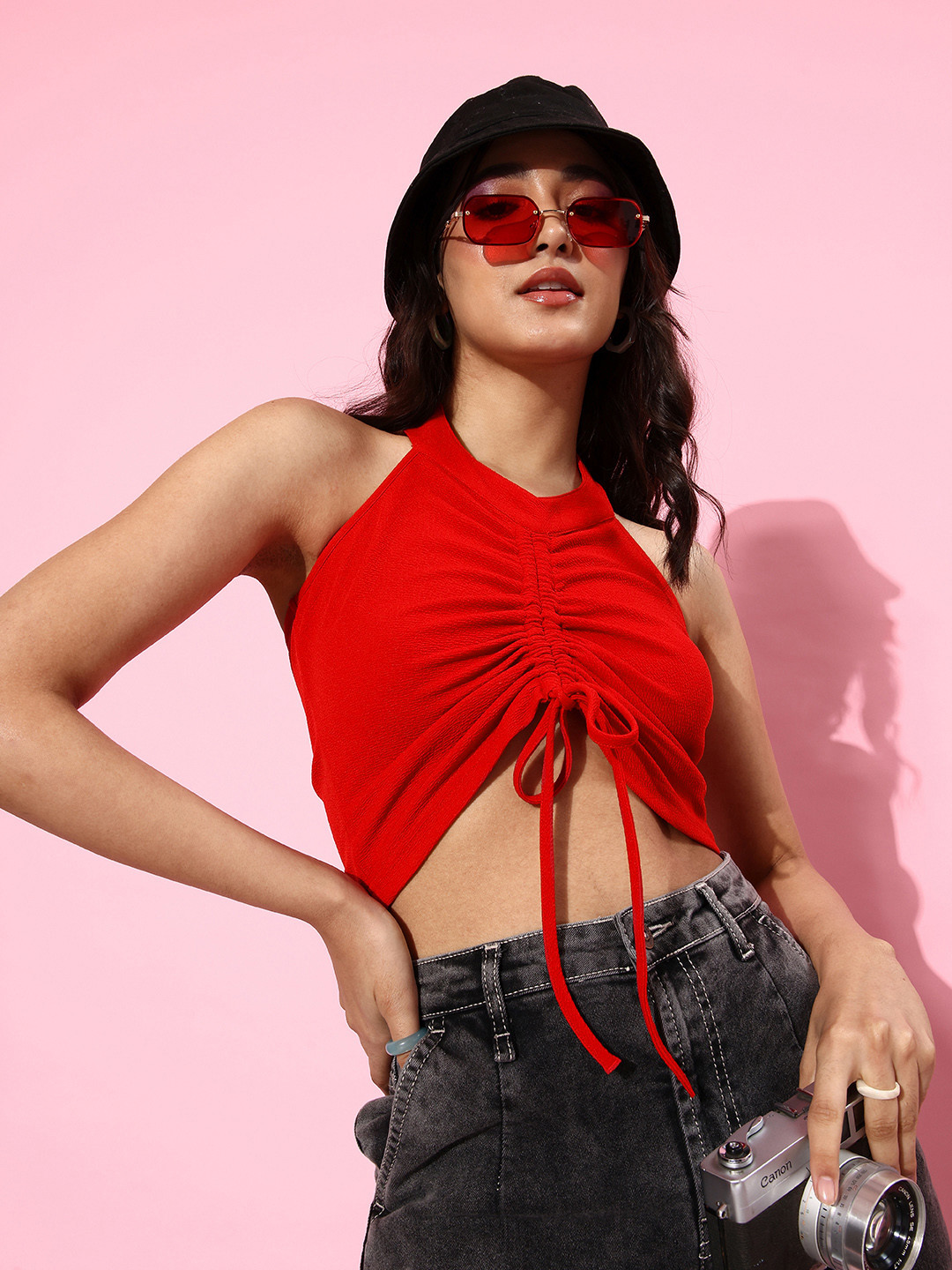 

The Roadster Lifestyle Co. Solid Halter Neck Crop Top With Gathers Detail, Red