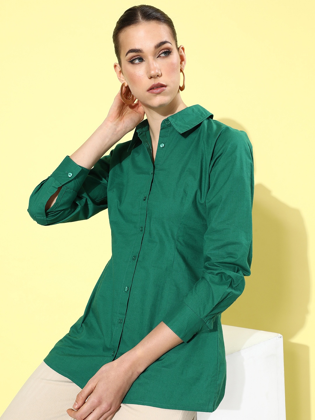 

The Roadster Lifestyle Co. Lush Green Pure Cotton Longline Pret A Party Soul Ties Shirt