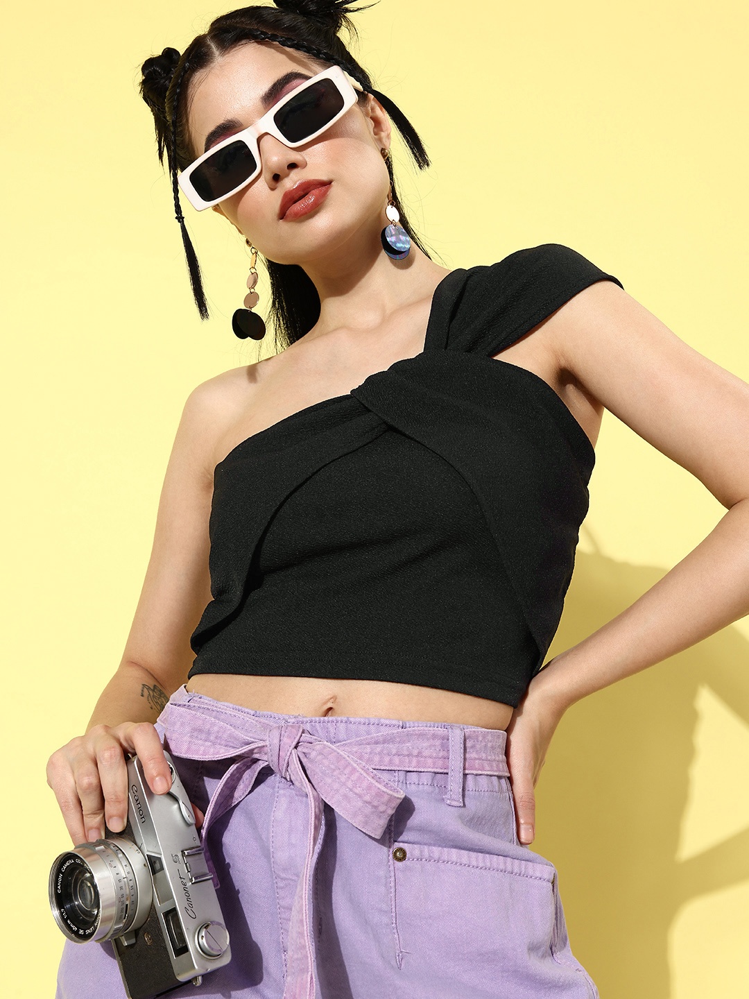 

The Roadster Lifestyle Co. Jet Black Retro Optimism Twists & knots Crop Top