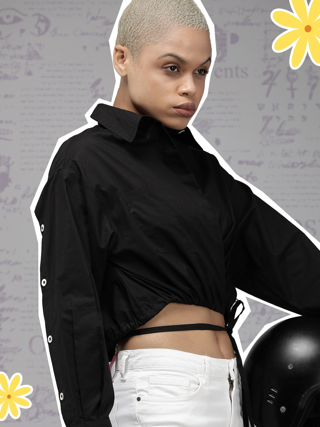 

The Roadster Life Co. Solid Wrap-Detailed Crop Pure Cotton Shirt With Tie-ups Closure, Black