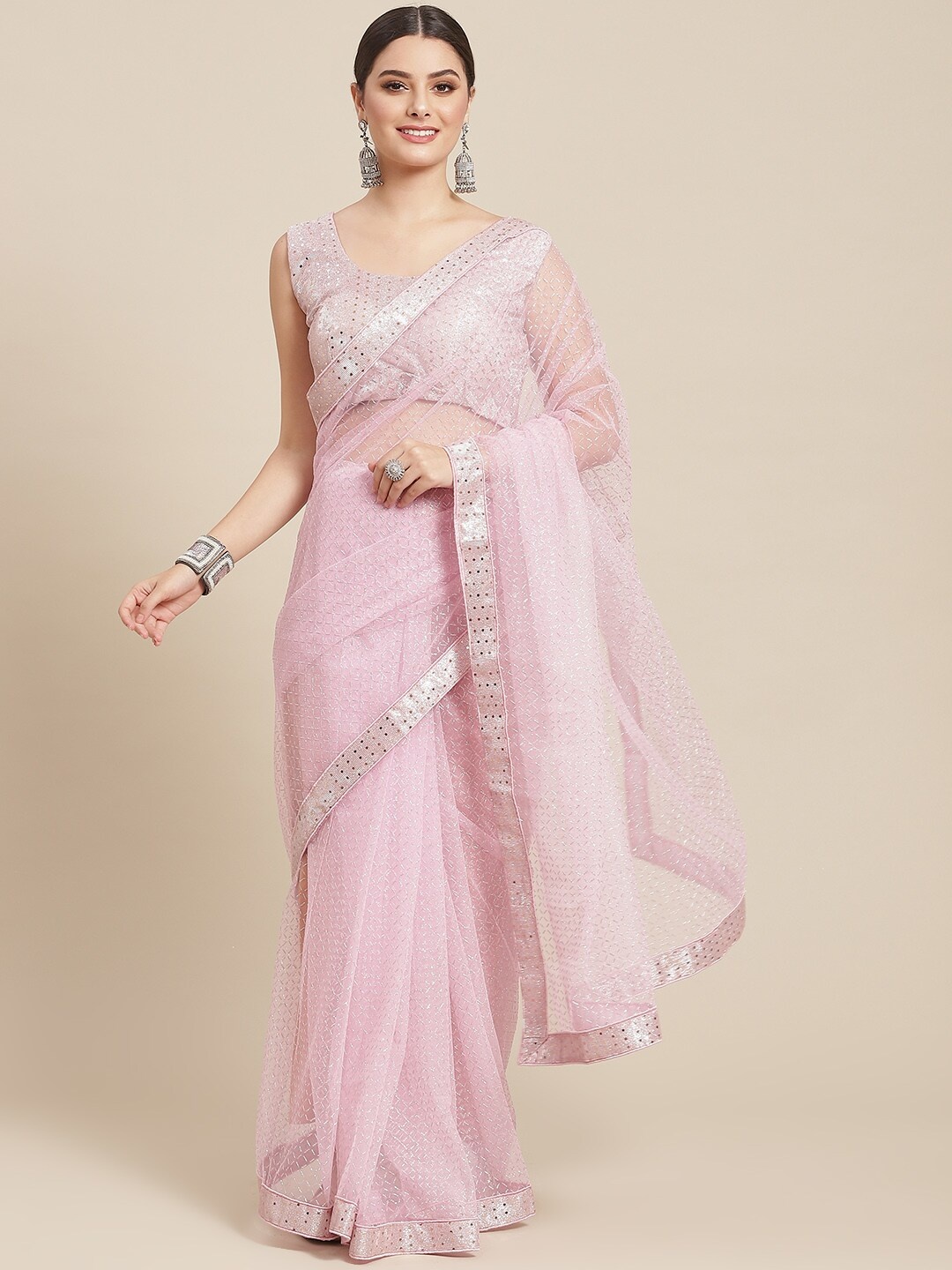 

SAARYA Pink & Silver-Toned Sequinned Net Saree