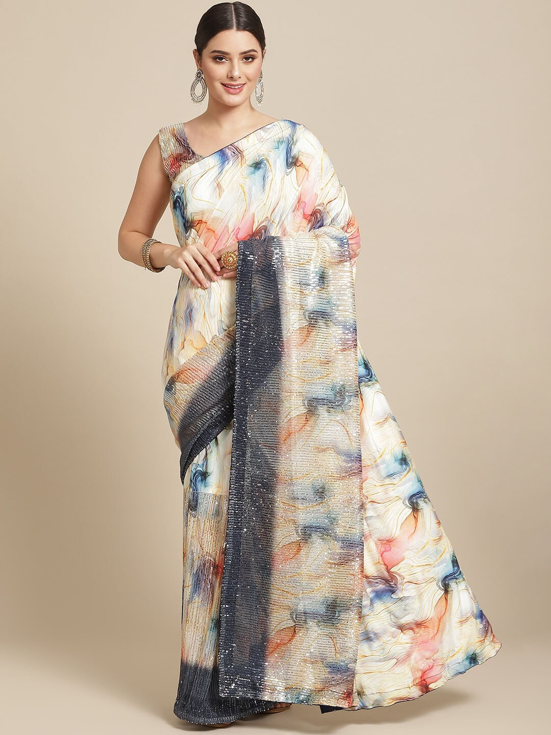 

SAARYA Off White & Blue Sequinned Saree