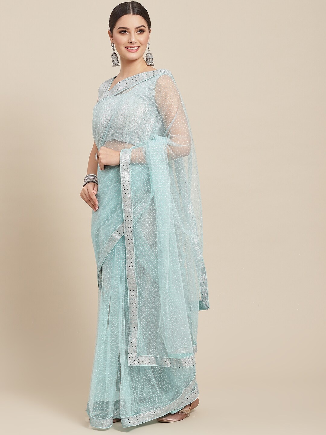 

SAARYA Blue & Silver-Toned Checked Net Saree
