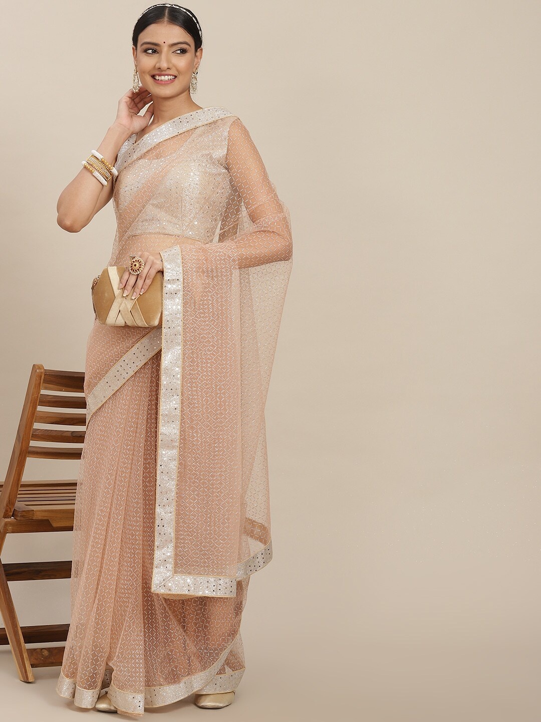 

SAARYA Peach-Coloured & Silver-Toned Checked Net Saree