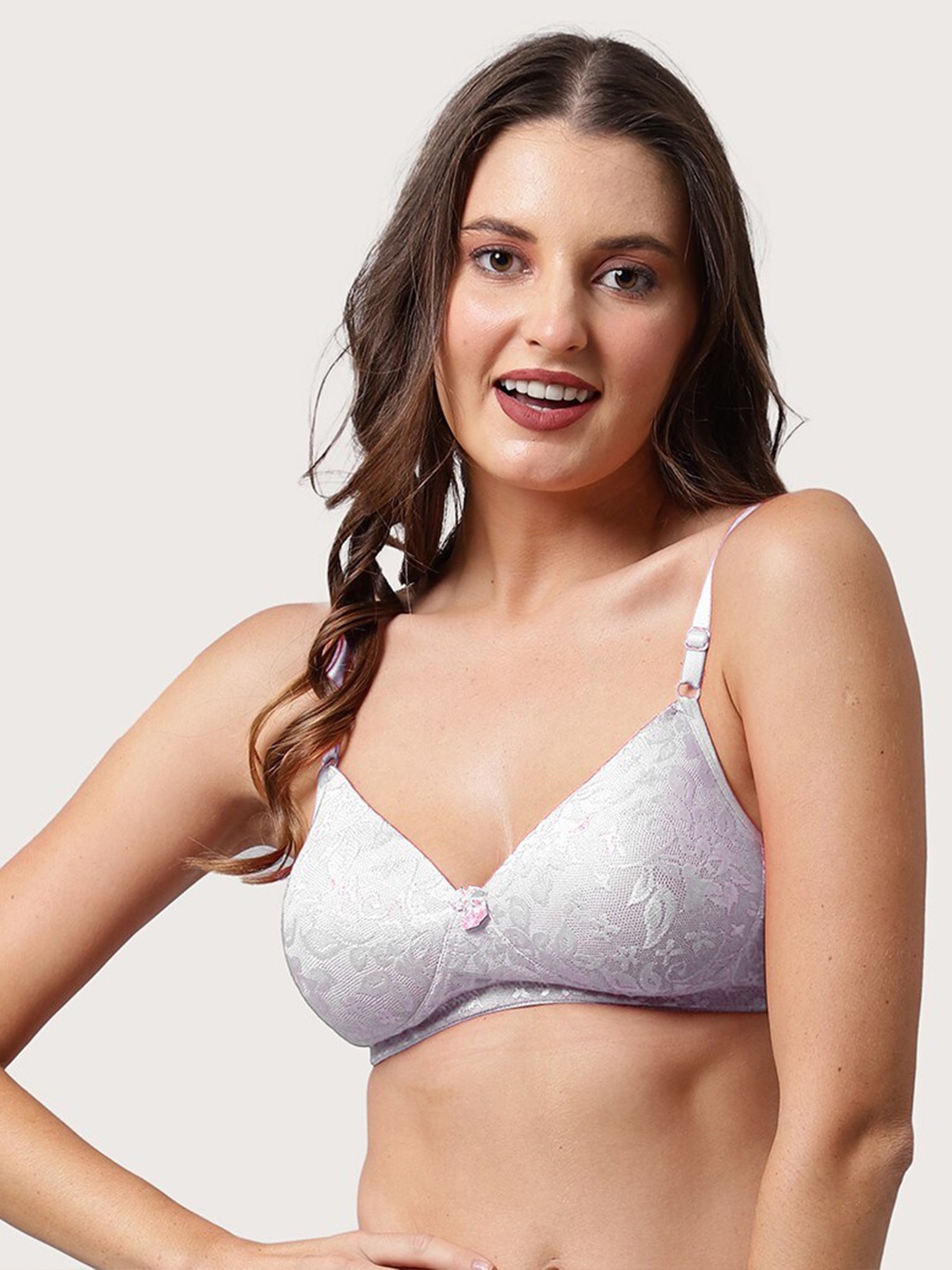 

BEWILD Grey Floral Cotton Bra Lightly Padded