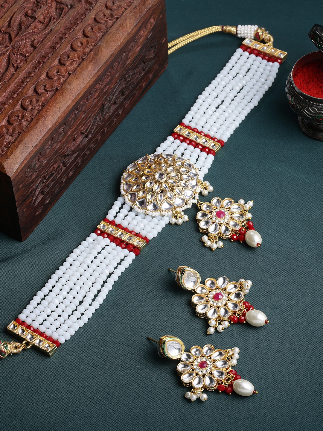 

PANASH White & Red Gold-Plated Kundan Jewellery Set