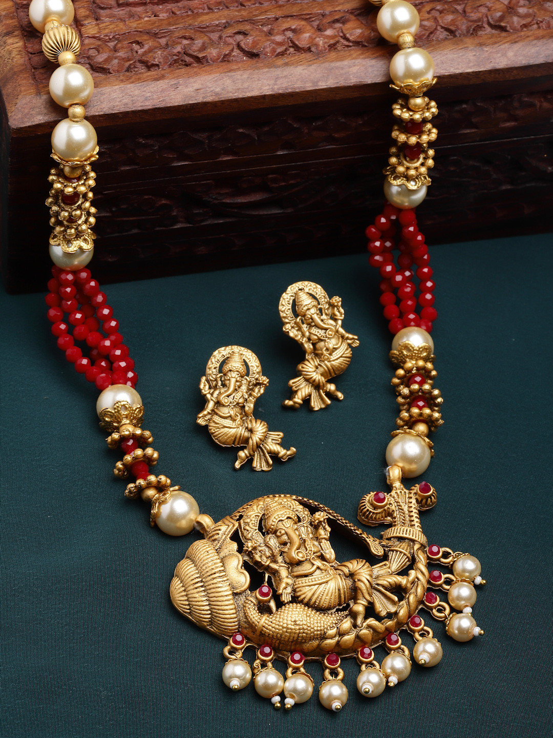 

PANASH Gold-Plated & Red Pearl Beaded Jewellery Set