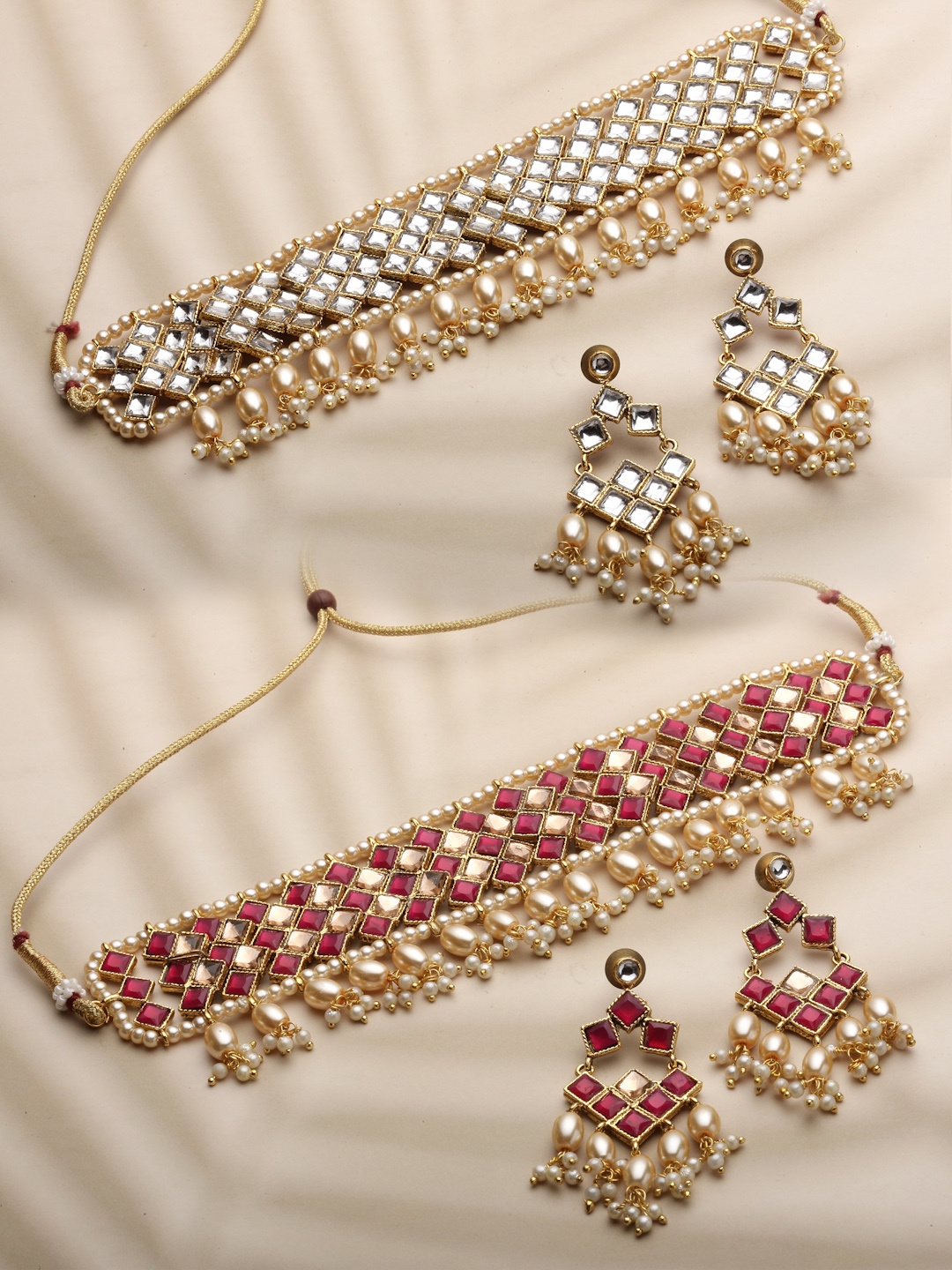 

PANASH Gold-Plated & Maroon Kundan Studded Reversible Jewellery Set