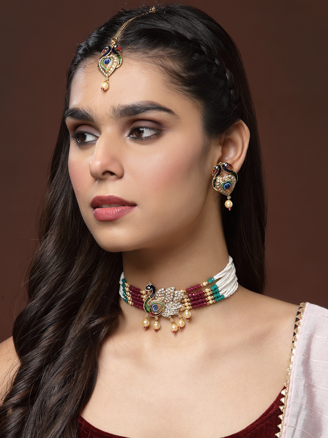 

PANASH Gold-Plated & White Stone Studded & Beaded Jewellery Set