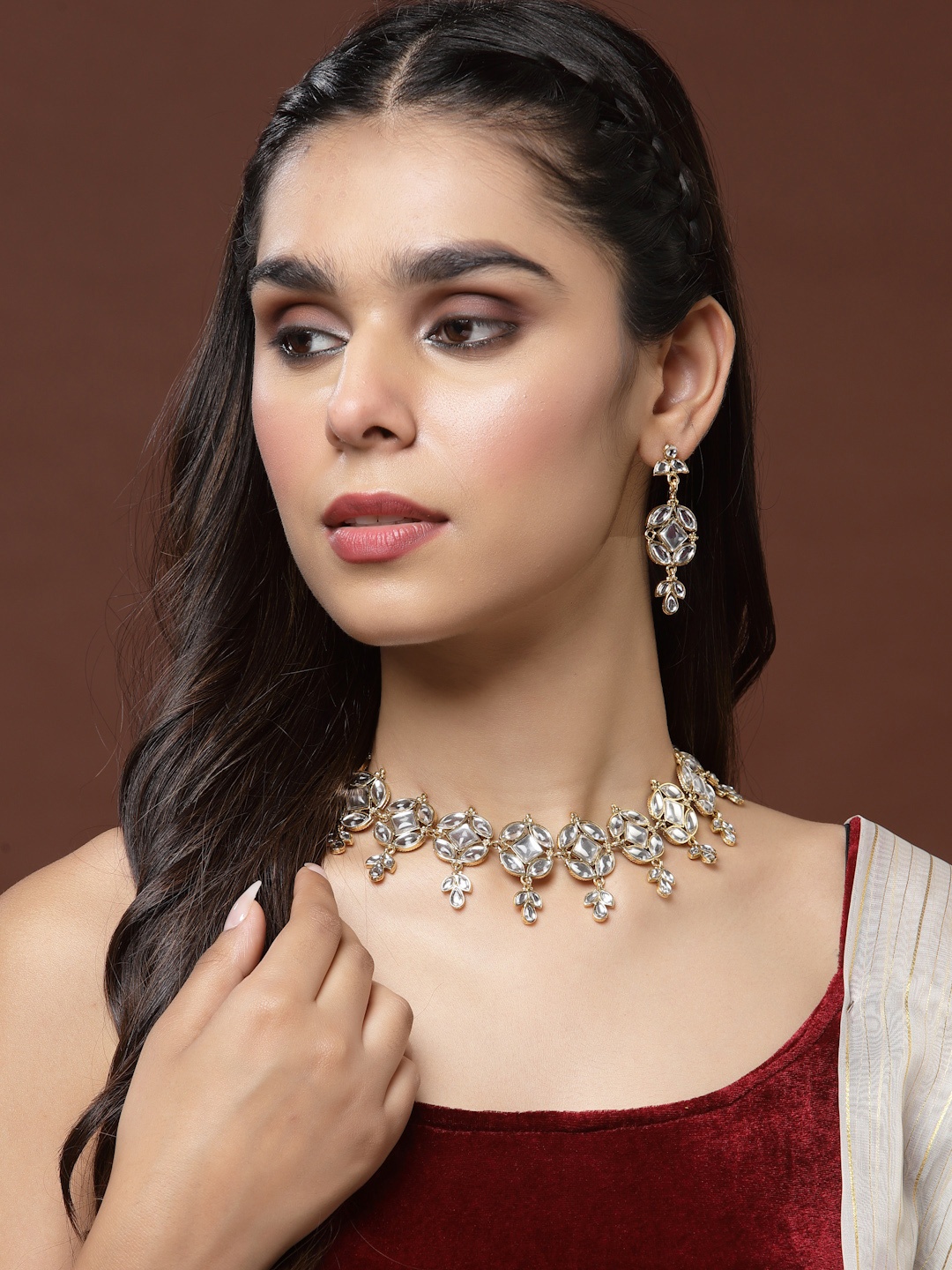 

PANASH Gold-Plated & White Kundan Reversible Jewellery Set