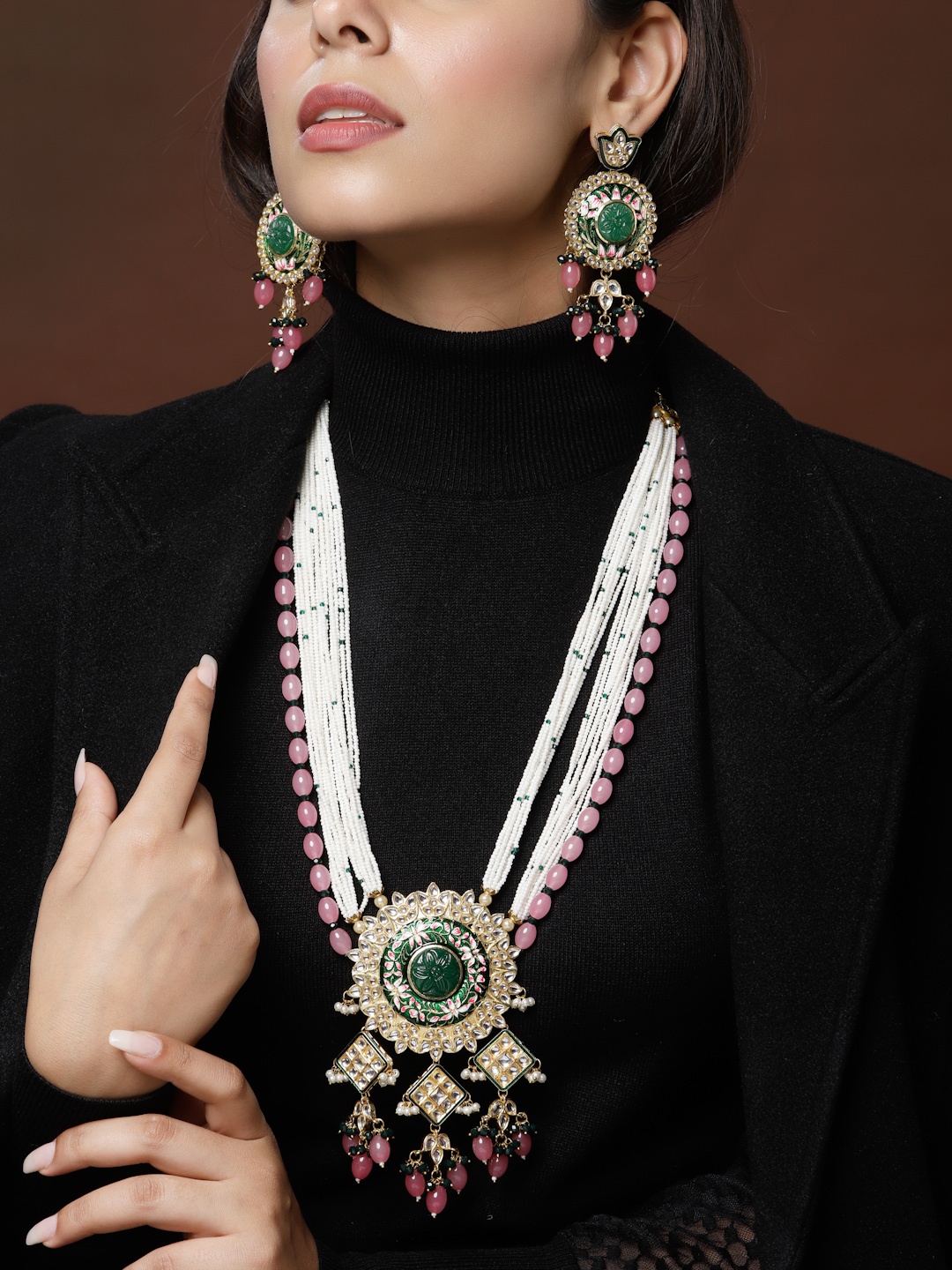 

PANASH Gold-Plated & Pink Kundan Meenakari Jewellery Set