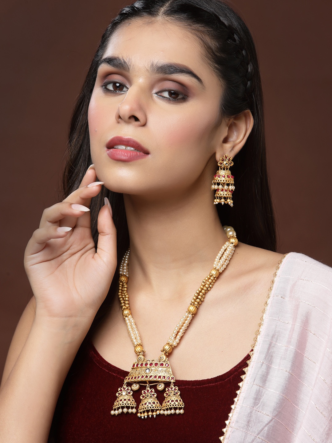 

PANASH Gold-Plated & Red Stone-Studded & Beaded Jewellery Set