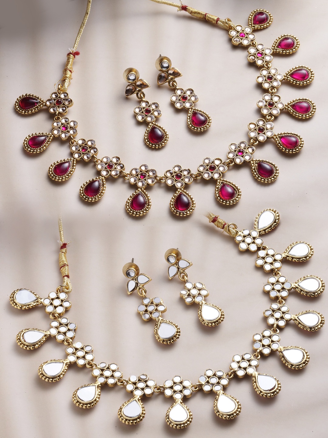 PANASH Gold-Plated & Red Mirror Work Reversible Jewellery Set