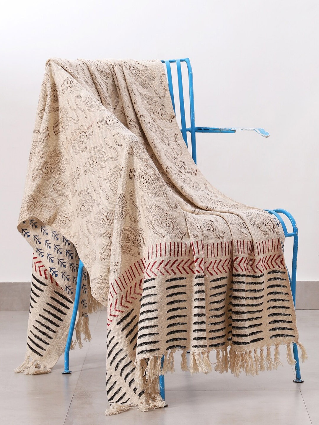 

HANDICRAFT PALACE Beige Hand Block Printed Cotton Reversible Blanket Throw
