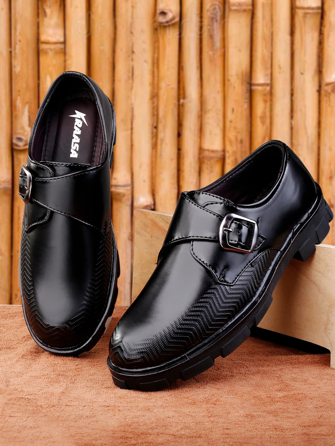 

KRAASA Men Black Solid Formal Monk Shoes