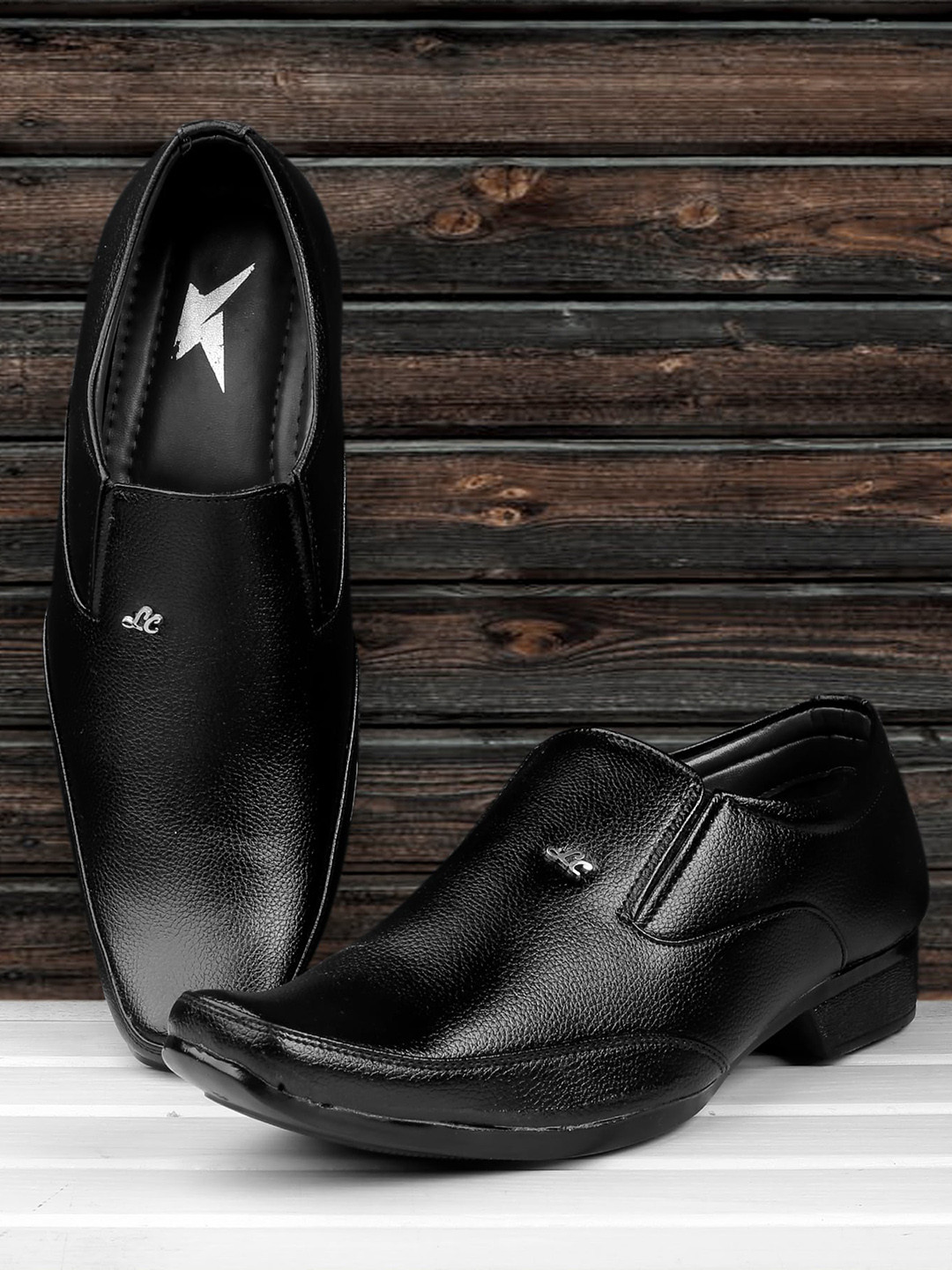 

KRAASA Men Black Solid Leather Formal Slip-On Shoes