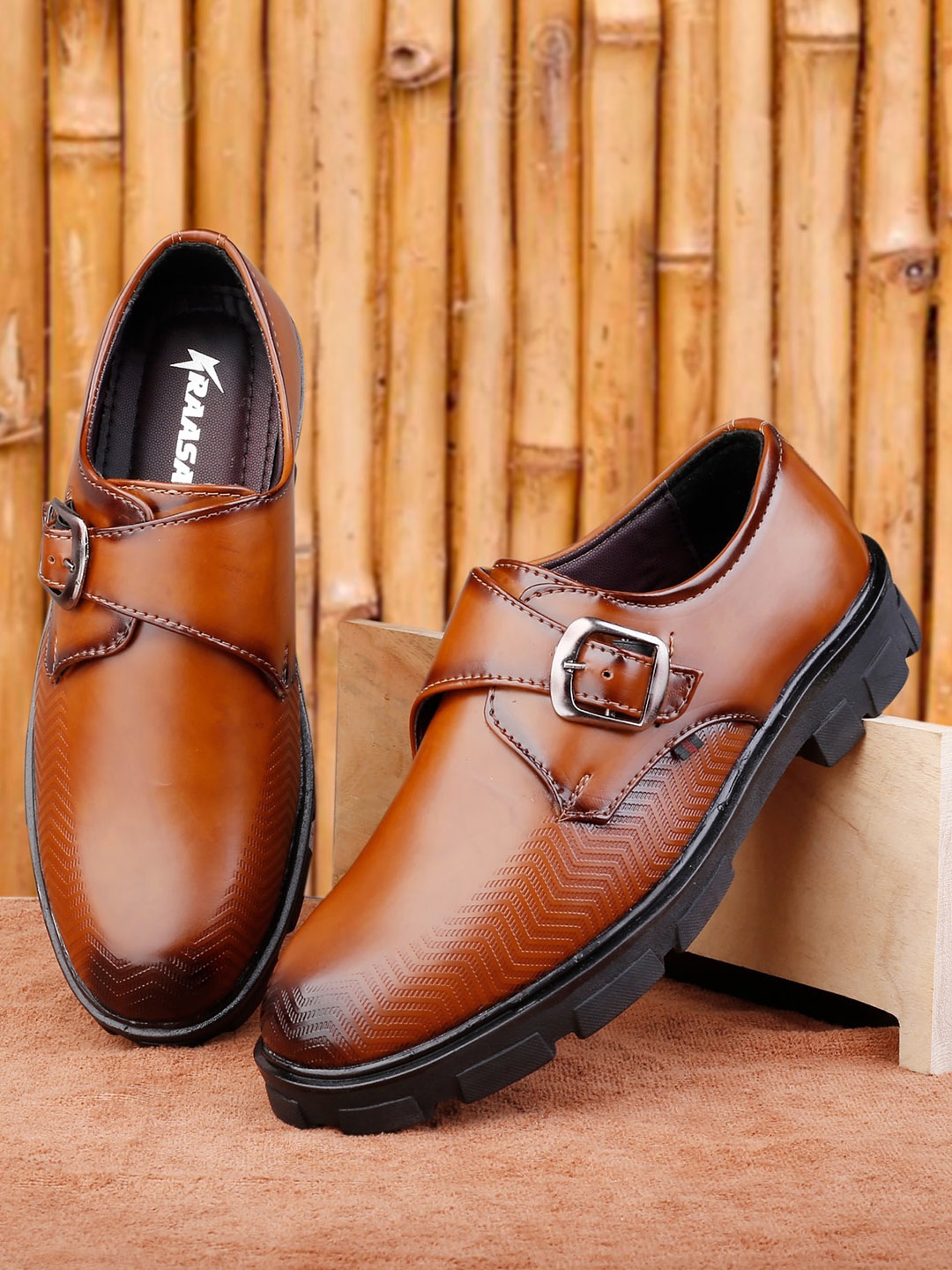 

KRAASA Men Tan Solid Formal Monk Shoes