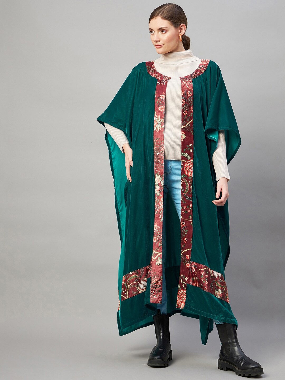 

InWeave Women Teal Green & Red Floral Printed Longline Poncho