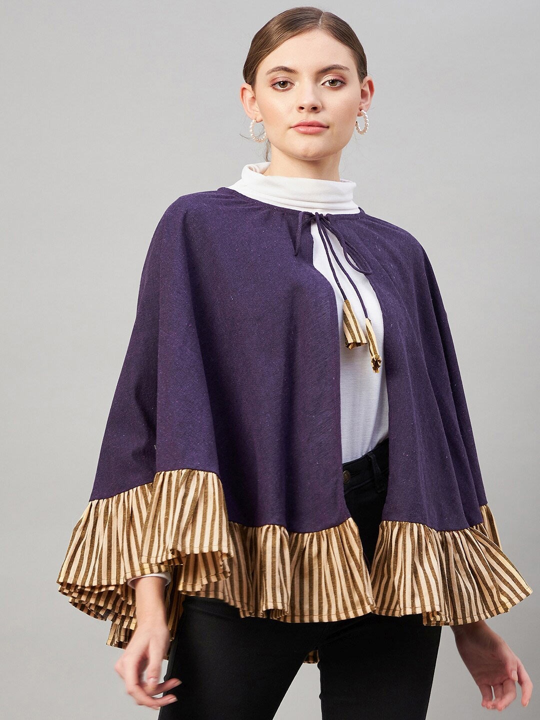 

InWeave Women Purple & Brown Striped Printed Cotton Poncho