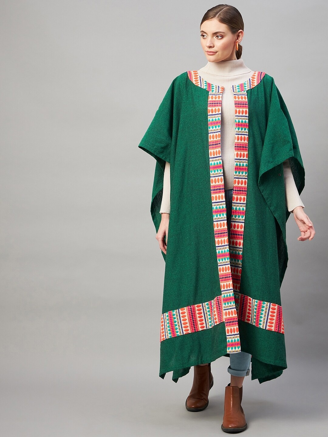 

InWeave Women Green & White Printed Cotton Longline Poncho