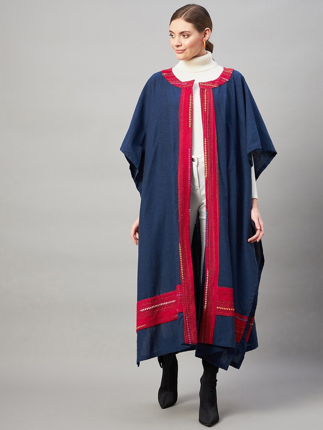 

InWeave Women Blue & Red Printed Cotton Longline Poncho