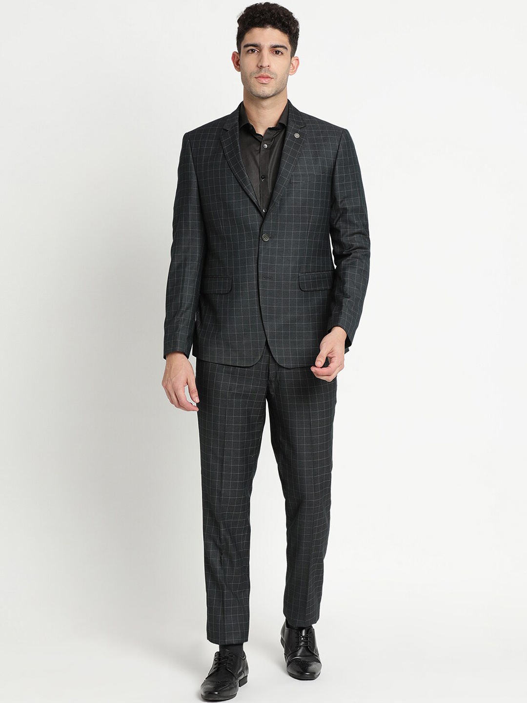 

Turtle Men 2 Piece Black Checked Pure Cotton Single-Breasted Slim Fit Formal Suit