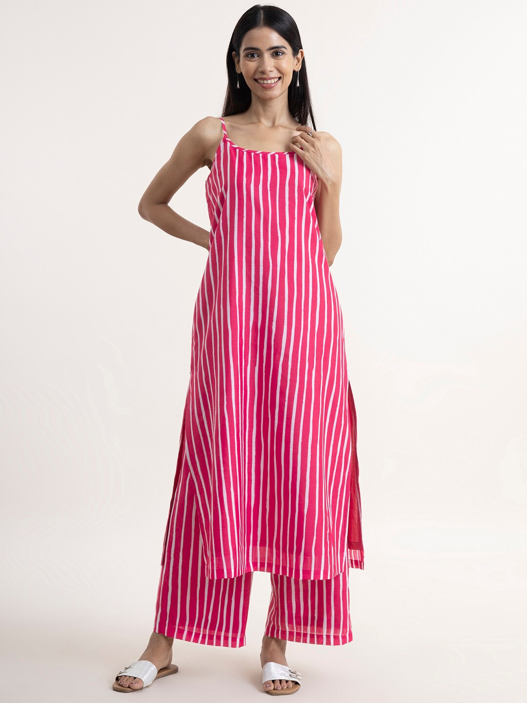 

Pink Fort Women Pink & White Striped Kurta with Palazzo