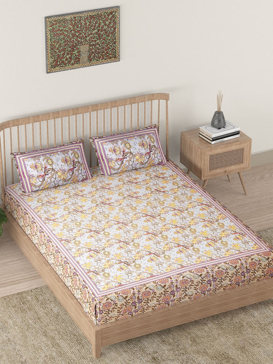 

EK BY EKTA KAPOOR Beige Floral Printed 120 TC Cotton King Bedsheet with 2 Pillow Covers