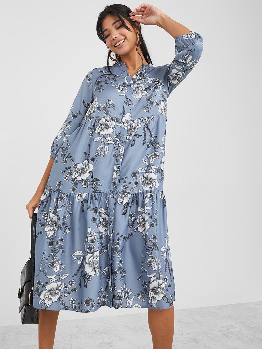 

Styli Women Grey Floral A-Line Midi Dress