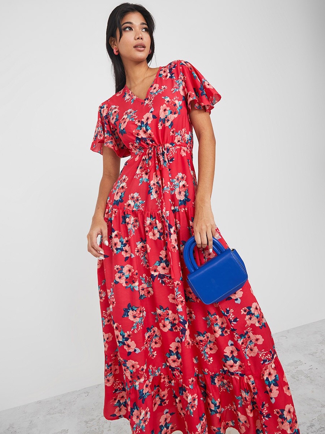 

Styli Frill Sleeve Floral Print Tiered Maxi Dress with Drawcord Detail, Red