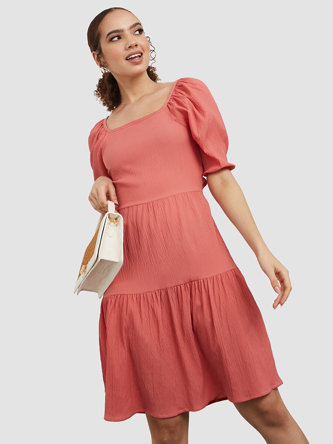 

Styli Puff Sleeves Fit and Flare Square Neck Dress, Peach