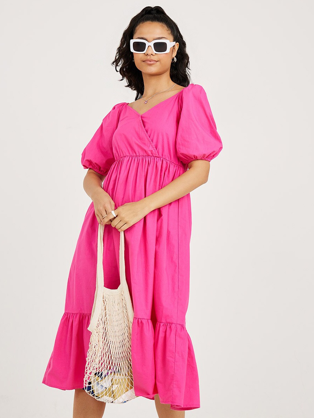 

Styli Women Puff Sleeves Wrap Front Cotton A-Line Midi Dress, Pink