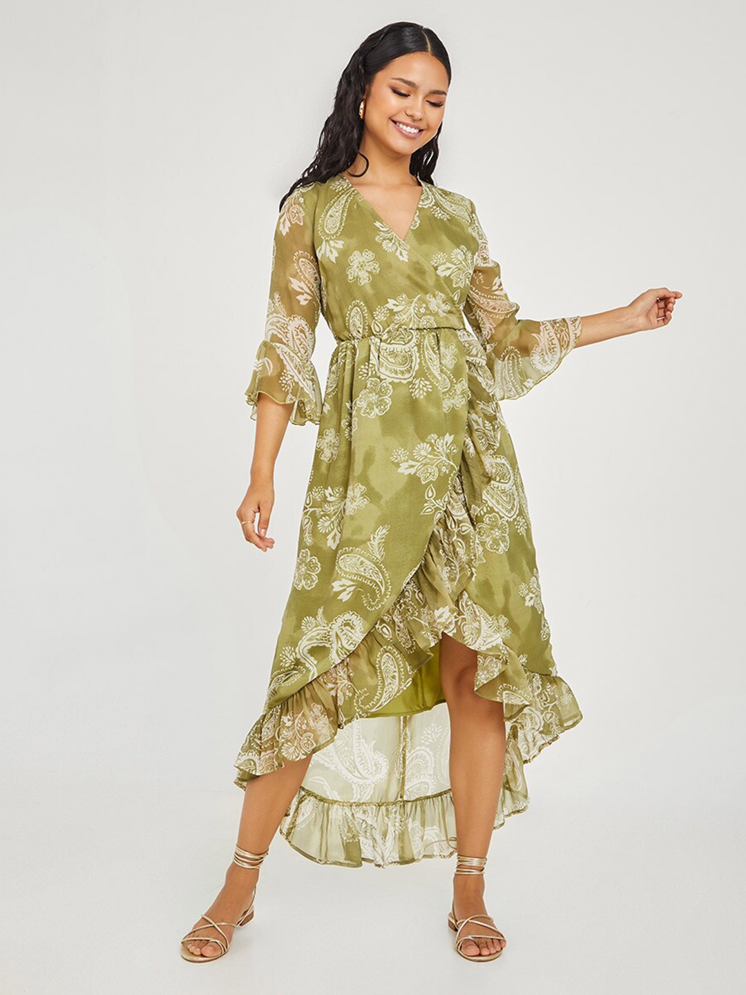 

Styli Paisley Print Asymmetric Wrap Midi Dress, Green