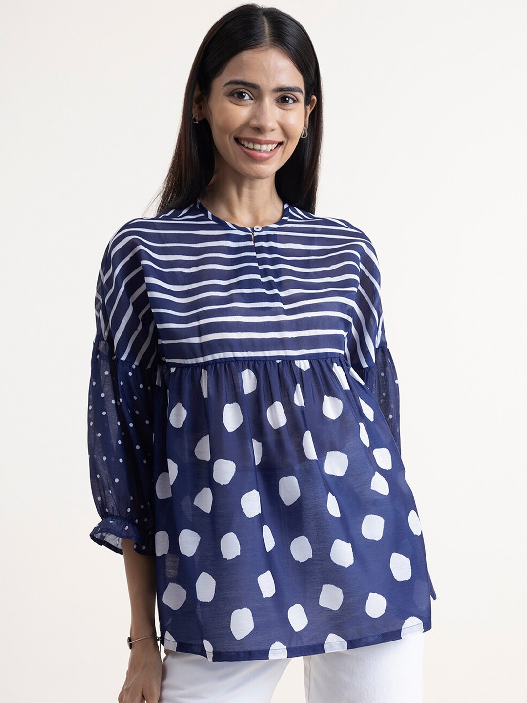 

Pink Fort Navy Blue & White Geometric Print Empire Top