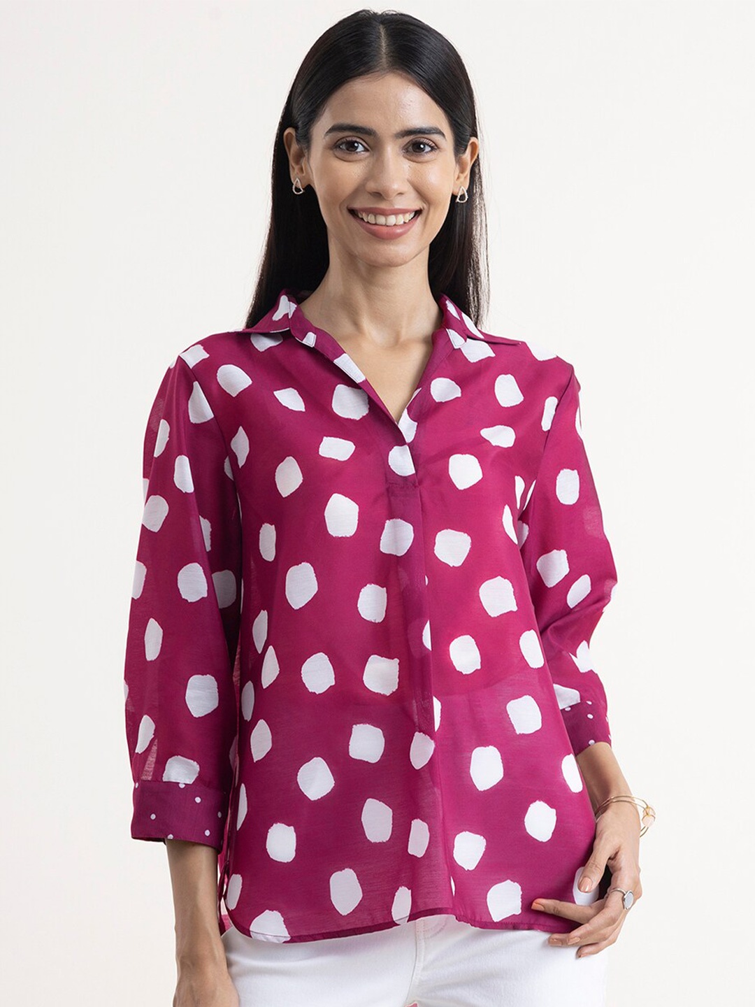 

Pink Fort White & Purple Geometric Print Shirt Style Top