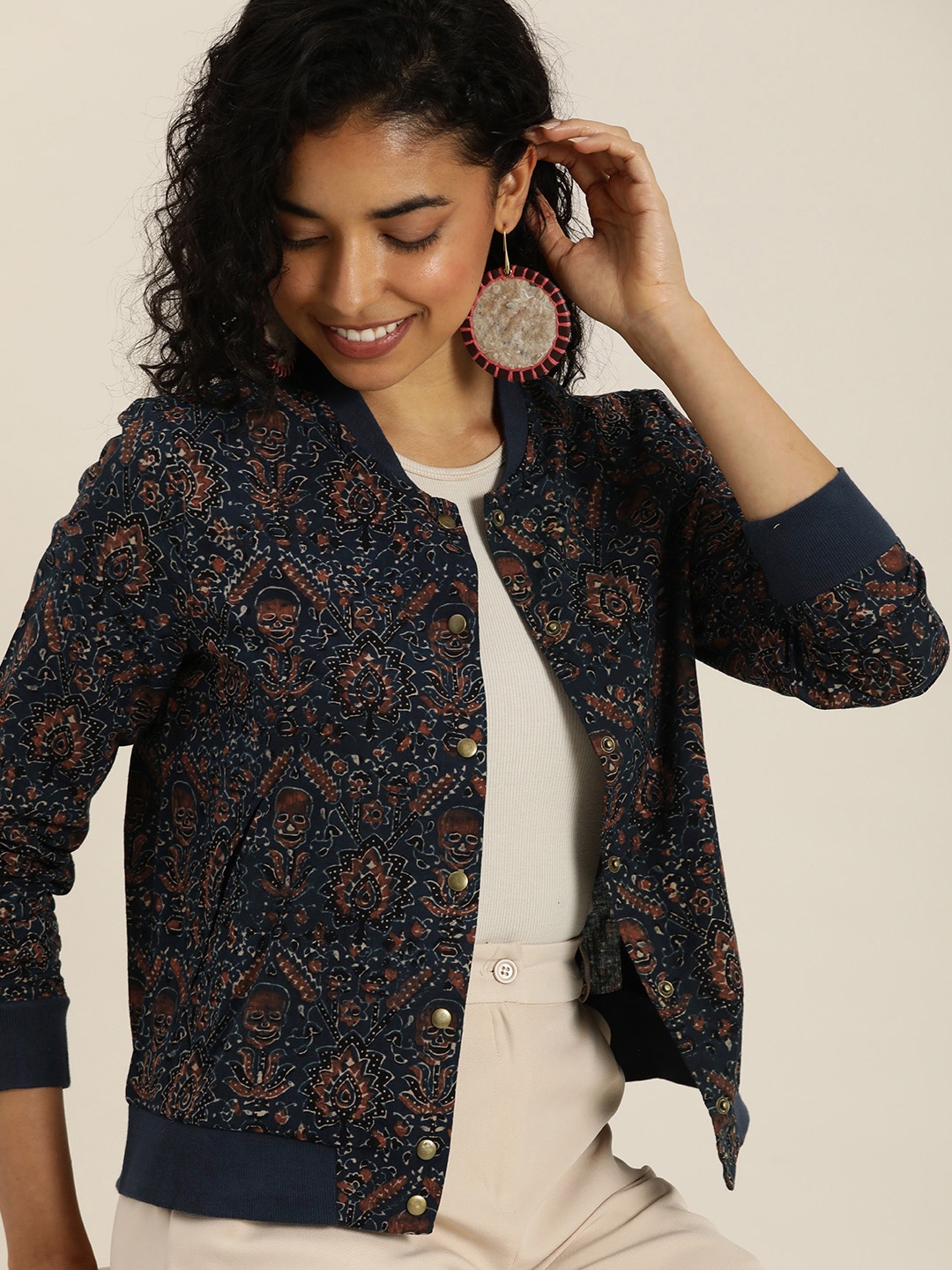 

Taavi Floral Ajrakh Hand Block Printed Tailored Jacket, Navy blue