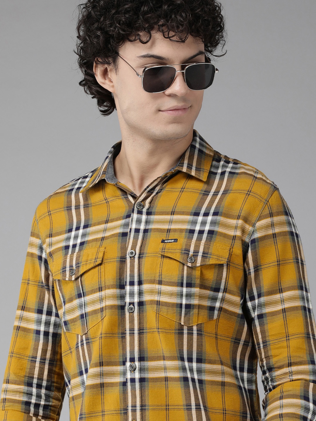 

SPYKAR Men Slim Fit Tartan Checked Pure Cotton Casual Shirt, Yellow