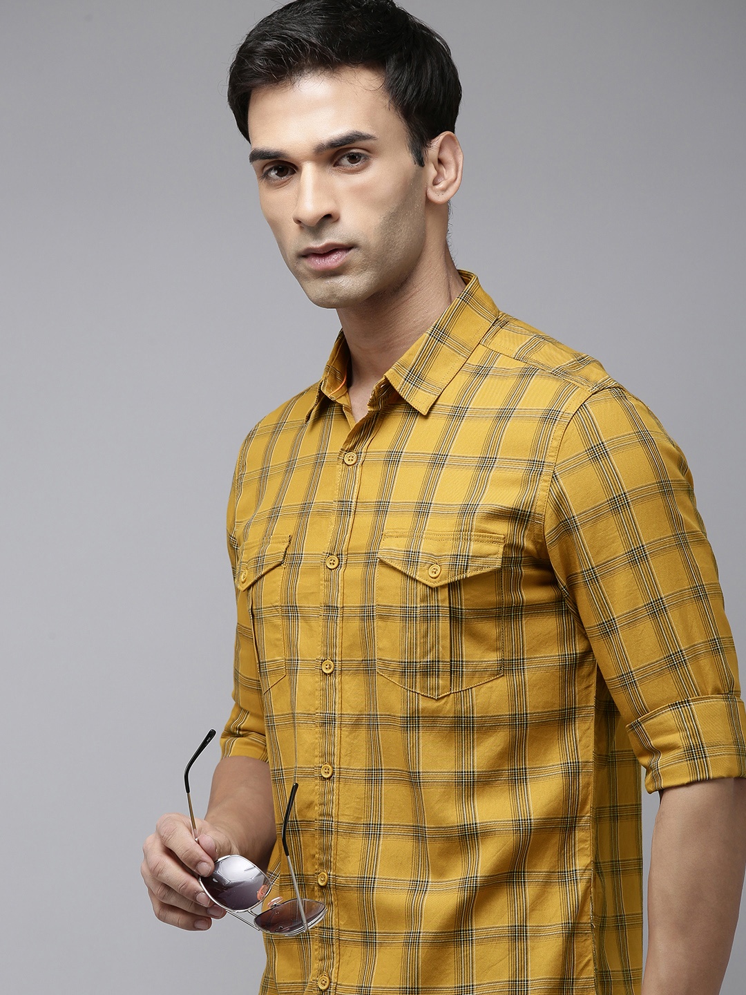 

SPYKAR Men Pure Cotton Tartan Checks Casual Shirt, Mustard