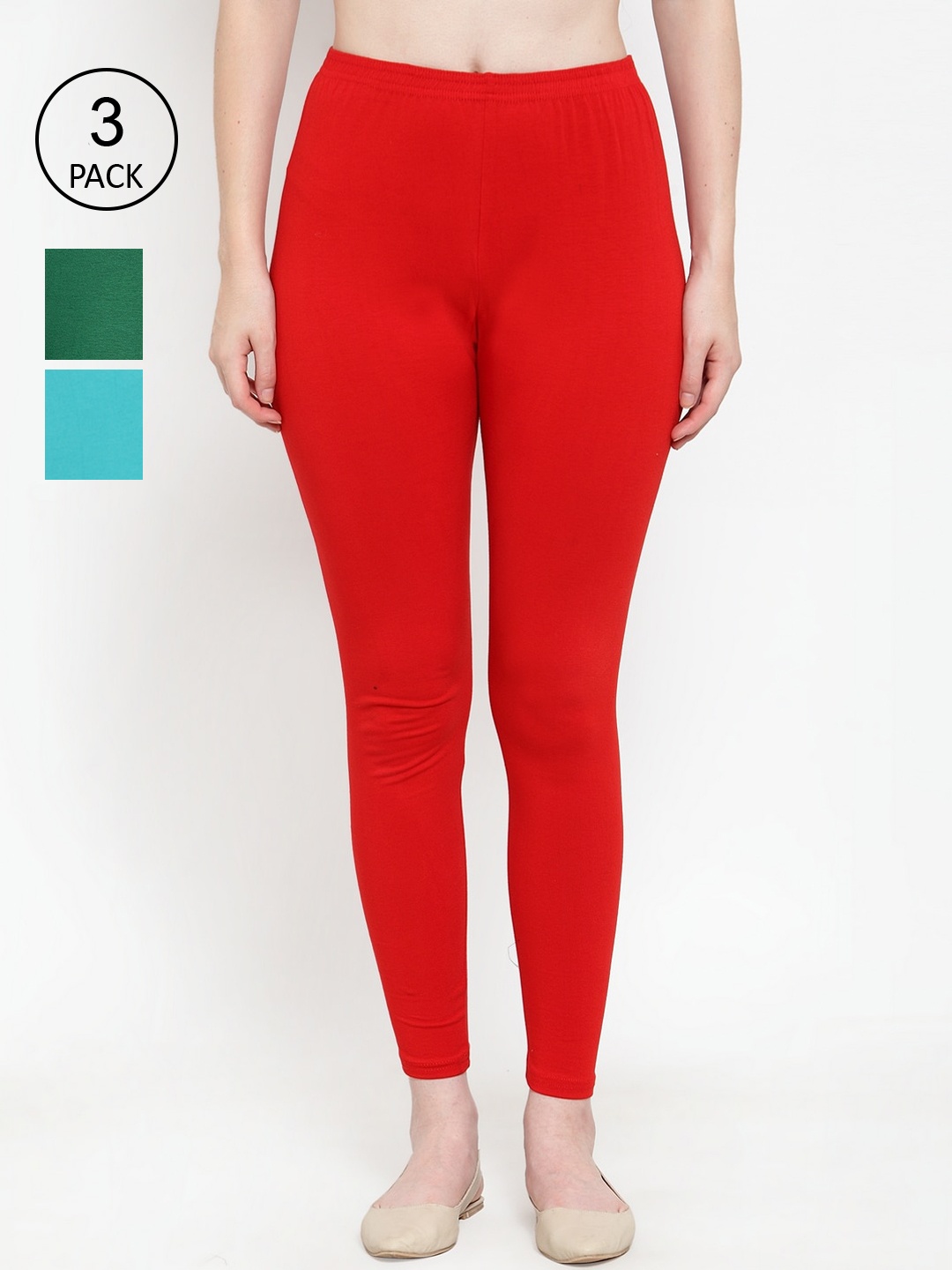 

GRACIT Women Pack Of 3 Super Combed Cotton Lycra Ankle Length Leggings, Red