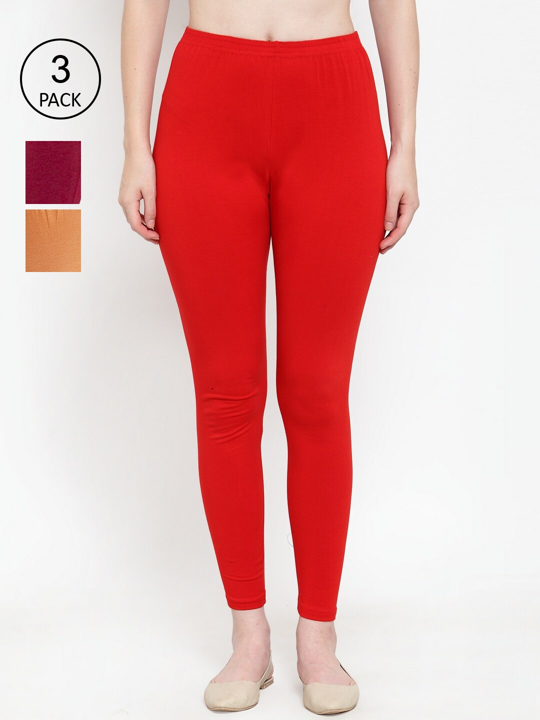 

GRACIT Women Pack Of 3 Super Combed Cotton Lycra Ankle Length Leggings, Red