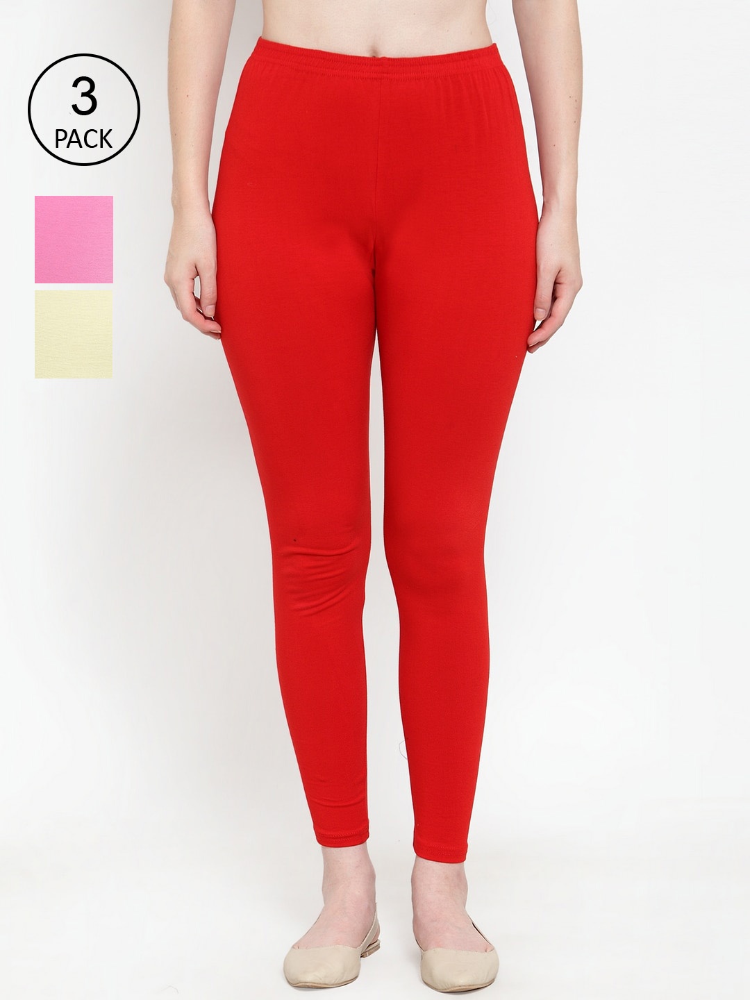 

GRACIT Women Pack Of 3 Super Combed Cotton Lycra Ankle Length Leggings, Red