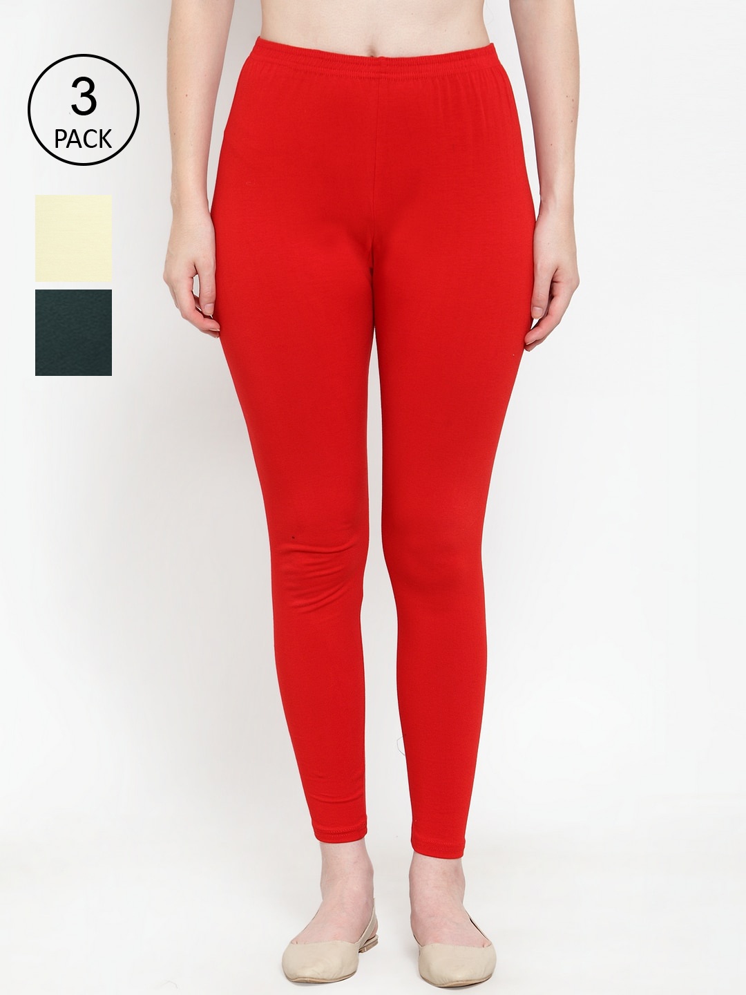 

GRACIT Women Pack Of 3 Cotton Lycra Solid Ankle-Length Leggings, Red