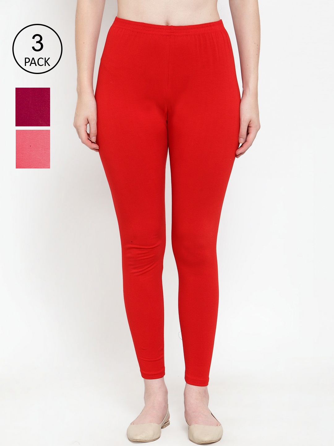 

GRACIT Women Pack Of 3 Cotton Lycra Solid Ankle-Length Leggings, Red